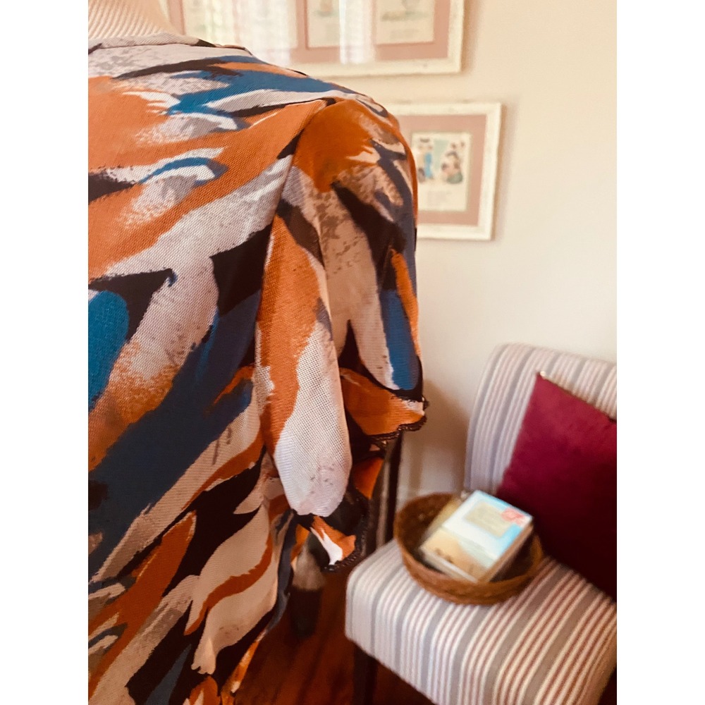Ember dress med Brushstroke Flutter Sleeve Midi Rust Teal Blue Slit Mesh Overlay - Picture 4 of 7